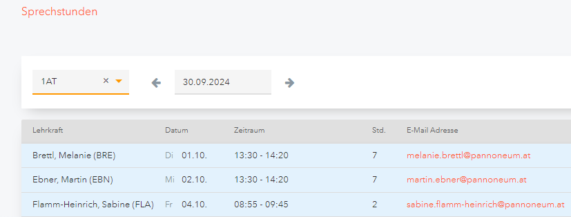 Die entsprechende Klasse auswählen und die LehrerInnen Liste dieser Klasse erschein.