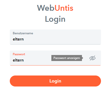 Webuntis Login mit Benutzer: eltern Kennwort: eltern